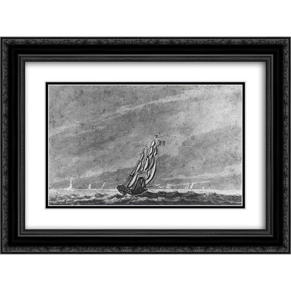 Pavel Svinyin 2x Matted 24x18 Black Ornate Framed Art Print 'Full Sail off Sandy Hook Entrance to New York Harbor'
