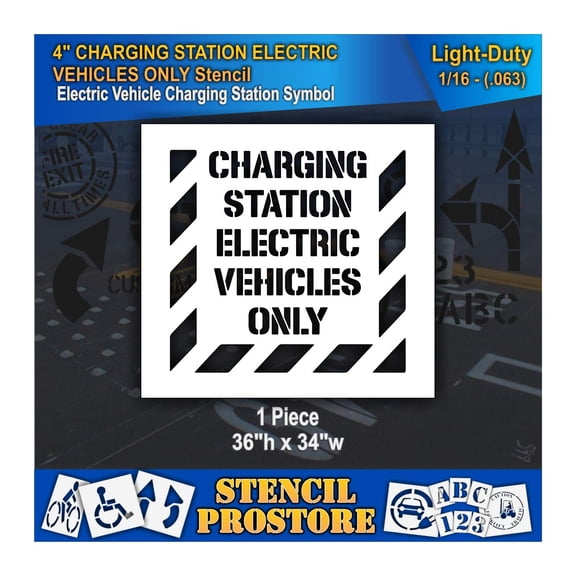 Pavement Stencils - 4 in - Charging Station Electric Vehicles ONLY Stencil with Border - 34'' x 36'' x 1/16" (63 mil) - Light-Duty