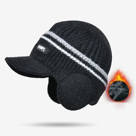 Pavied Beanie Winter Hats Men Winter Hat Fleece Lined Cuff Knit Hats With Visor Warm Earflaps Ski Cap Hats for Women Black One Size