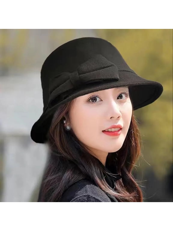 Bucket Hats,Summer Hats,Solid Color Wide Brim Round Dome Warm Woolen Hat Women Autumn Winter Elegant Bowknot Decor Fedora Hat Daily Wear,Sun Hats,Hats for Women Clearance Sale!