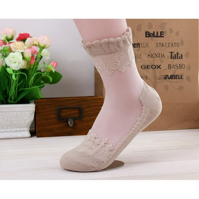 Pavied Crew Socks No Show Socks WomensUltrathin Short Lace Transparent Socks Beautiful Elastic Crystal Socks Socks for Women Khaki One Size