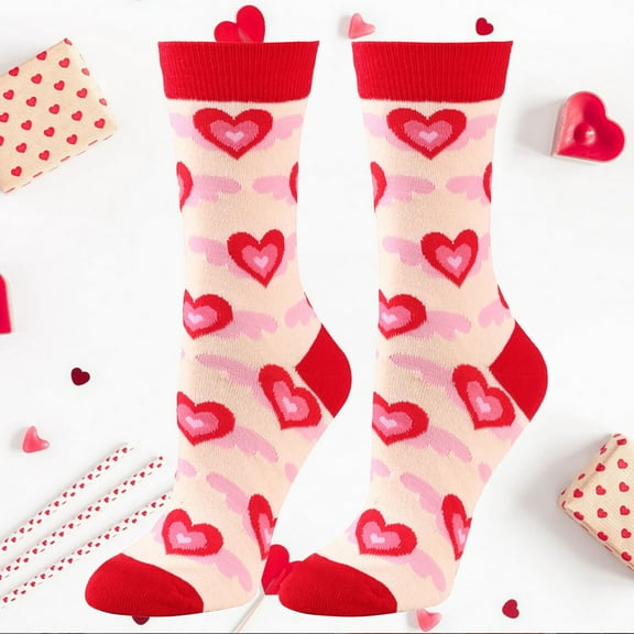 Pavied Crew Socks Running SocksAutumn Winter Valentines Heart Weaving Plush Warm Coral Plush Home Socks Cotton Socks Red One Size