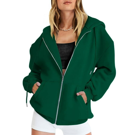 Pavied Essentials Hoodie Long Sleeve Tops Women's Zip Up Hoodies Casual Track Jackets With Pockets Oversized Hoodie Fall Outfits Green XL