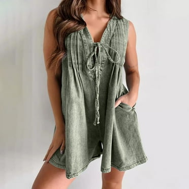 Pavied Jumpsuits for Women,Rompers for Women,Sleeveless Tie Front Denim Romper Overall Shorts Summer Jean Romper With Pocket,Denim Romper,Overalls for Women,One Piece Jumpsuits,Green L