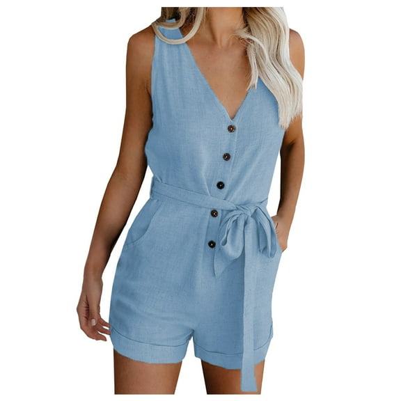 Pavied Jumpsuits for Women,Rompers for Women,Womens Casual Bow Pocket Sleeveless Shorts Wide Shorts Jumpsuits Rompers,Overalls for Women,One Piece Jumpsuits,Outfits for Women,Fall Outfits,Blue S