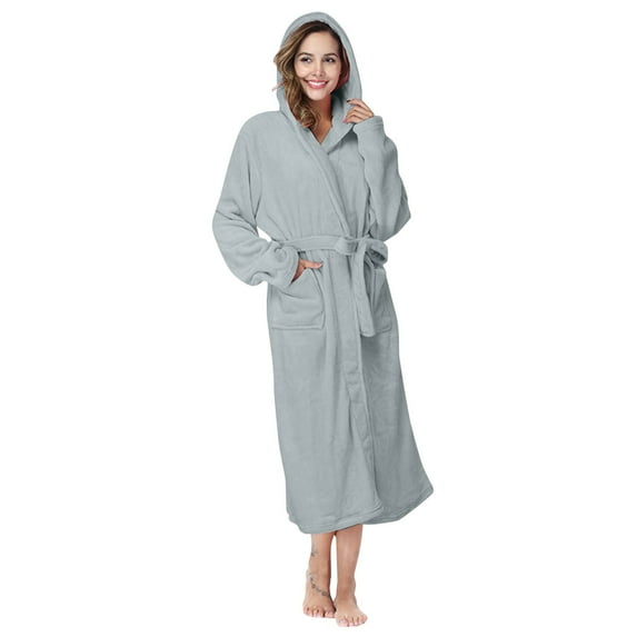 Pavied Robes for Women,Towel Robe,Women Hooded Fleece Bathrobe Lightweight Soft Plush Long Flannel Sleepwear Fleece Hooded Bathrobe Plush Long Robe,Bath Robe,Women's Sleepwear clearance sales,Grey L