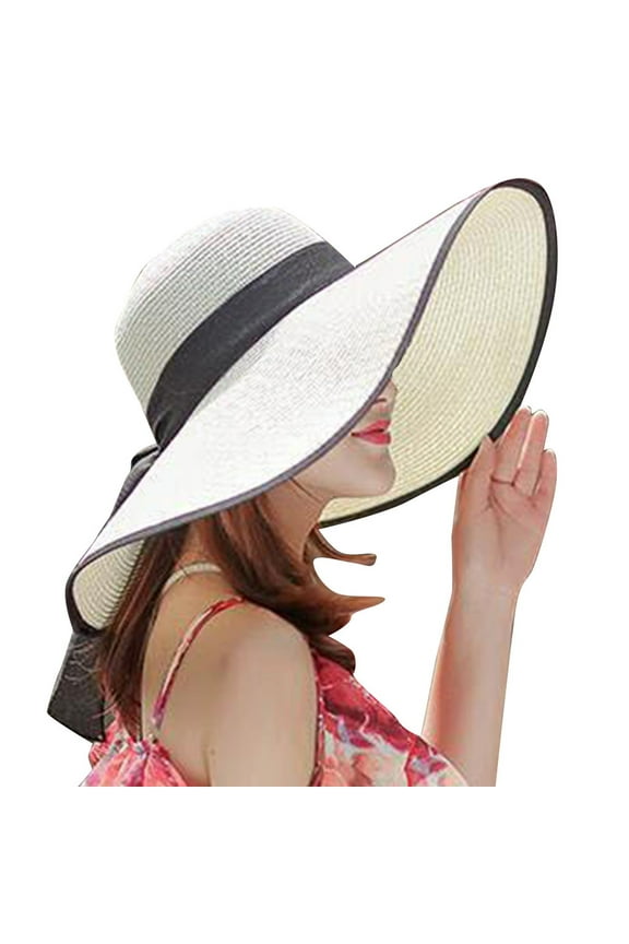 Sun Hats Beach Hats Women Big Brim Straw Hat Sun Floppy Wide Brim Hats New Bowknot Folding Beach Cap Straw Hats Wide Brim Hats White One Size