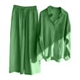 thumbnail image 1 of Pavied Two Piece Sets,Lounge Sets,Casual Solid Retro Plus Size Cotton Button Shirt High Waist Loose Pocket Long Pant Suit,Matching Sets,Womens Sweatshirt,Tracksuit for Women,Fall Outfits,Green XL, 1 of 5
