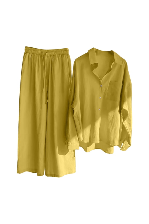 Two Piece Sets,Lounge Sets,Casual Solid Retro Plus Size Cotton Button Shirt High Waist Loose Pocket Long Pant Suit,Matching Sets,Womens Sweatshirt,Tracksuit for Women,Fall Outfits,Yellow 3XL