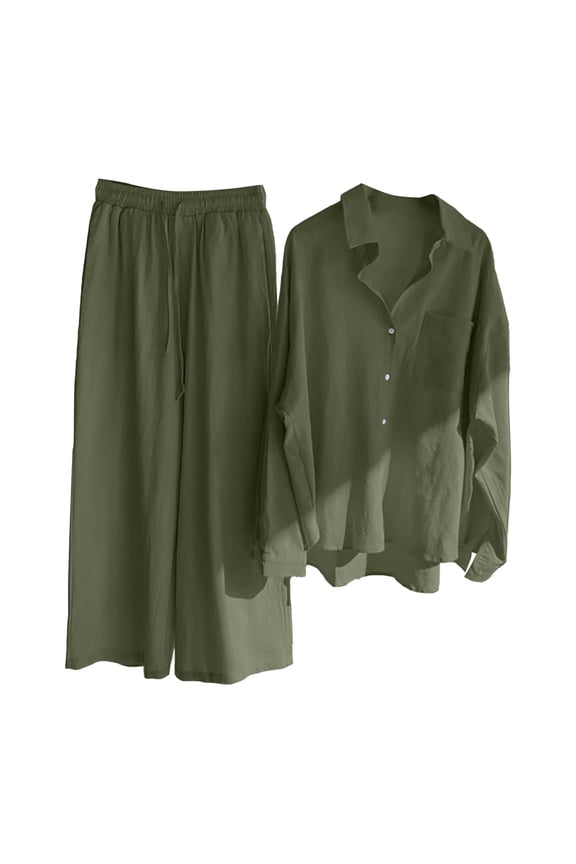 Two Piece Sets,Lounge Sets,Casual Solid Retro Plus Size Cotton Button Shirt High Waist Loose Pocket Long Pant Suit,Matching Sets,Womens Sweatshirt,Tracksuit for Women,Fall Outfits,Army Green M