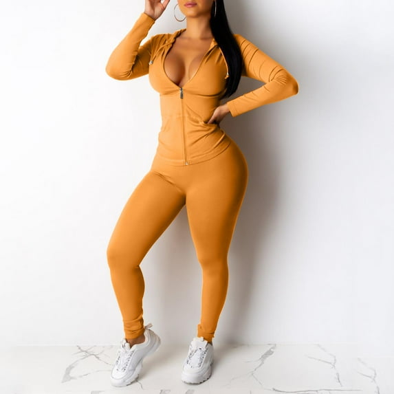 Pavied Two Piece Sets,Lounge Sets,Ladies Zip Hooded Two Piece Activewear Long Sleeve Top And Casual Pants Set,Matching Sets,Womens Sweatshirt,Tracksuit for Women,Fall Outfits,Yellow M