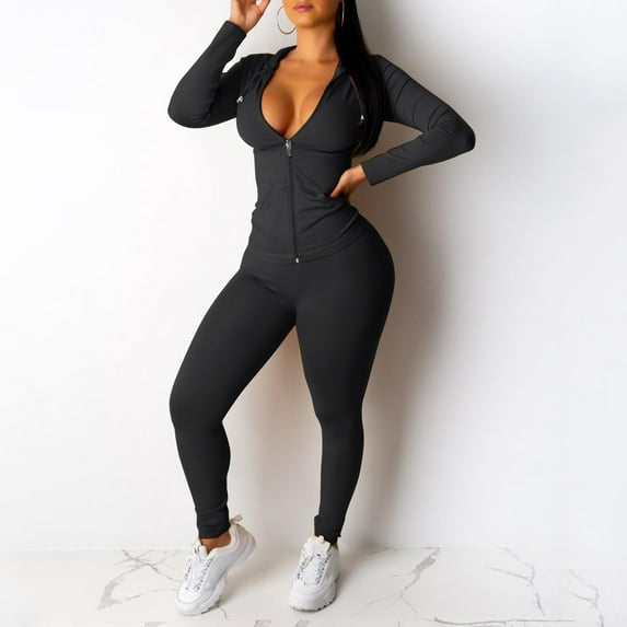Pavied Two Piece Sets,Lounge Sets,Ladies Zip Hooded Two Piece Activewear Long Sleeve Top And Casual Pants Set,Matching Sets,Womens Sweatshirt,Tracksuit for Women,Fall Outfits,Black XXL