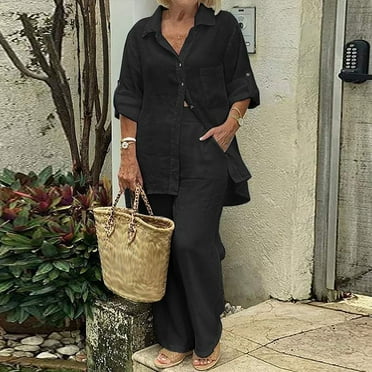 Pavied Two Piece Sets,Lounge Sets,Women's Lapel Long Sleeved Cardigan Top And Pants Two Piece Set,Matching Sets,Womens Sweatshirt,Tracksuit for Women,Fall Outfits,Black L