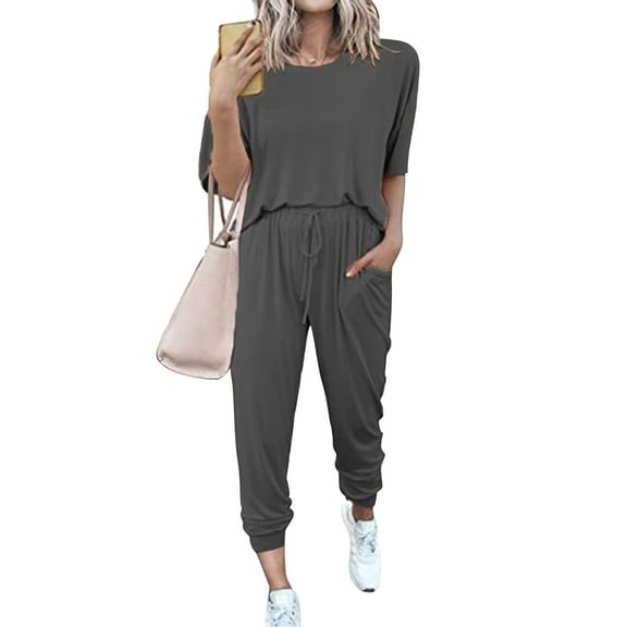 Pavied Two Piece Sets,Lounge Sets,Women's Two Outfit Short Sleeve Pullover With Drawstring Long Pants Tracksuit Jogger Set,Matching Sets,Womens Sweatshirt,Tracksuit for Women,Fall Outfits,Dark Gray L