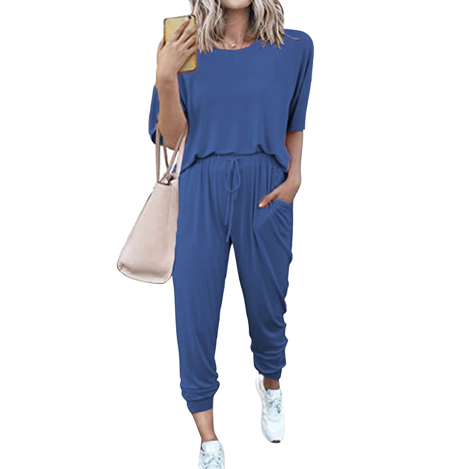 Two Piece Sets,Lounge Sets,Women's Two Outfit Short Sleeve Pullover With Drawstring Long Pants Tracksuit Jogger Set,Matching Sets,Womens Sweatshirt,Tracksuit for Women,Fall Outfits,Blue XXL