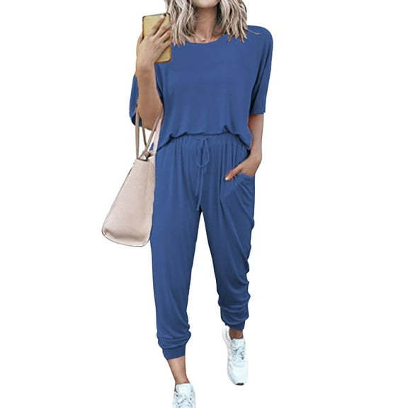 Pavied Two Piece Sets,Lounge Sets,Women's Two Outfit Short Sleeve Pullover With Drawstring Long Pants Tracksuit Jogger Set,Matching Sets,Womens Sweatshirt,Tracksuit for Women,Fall Outfits,Blue L