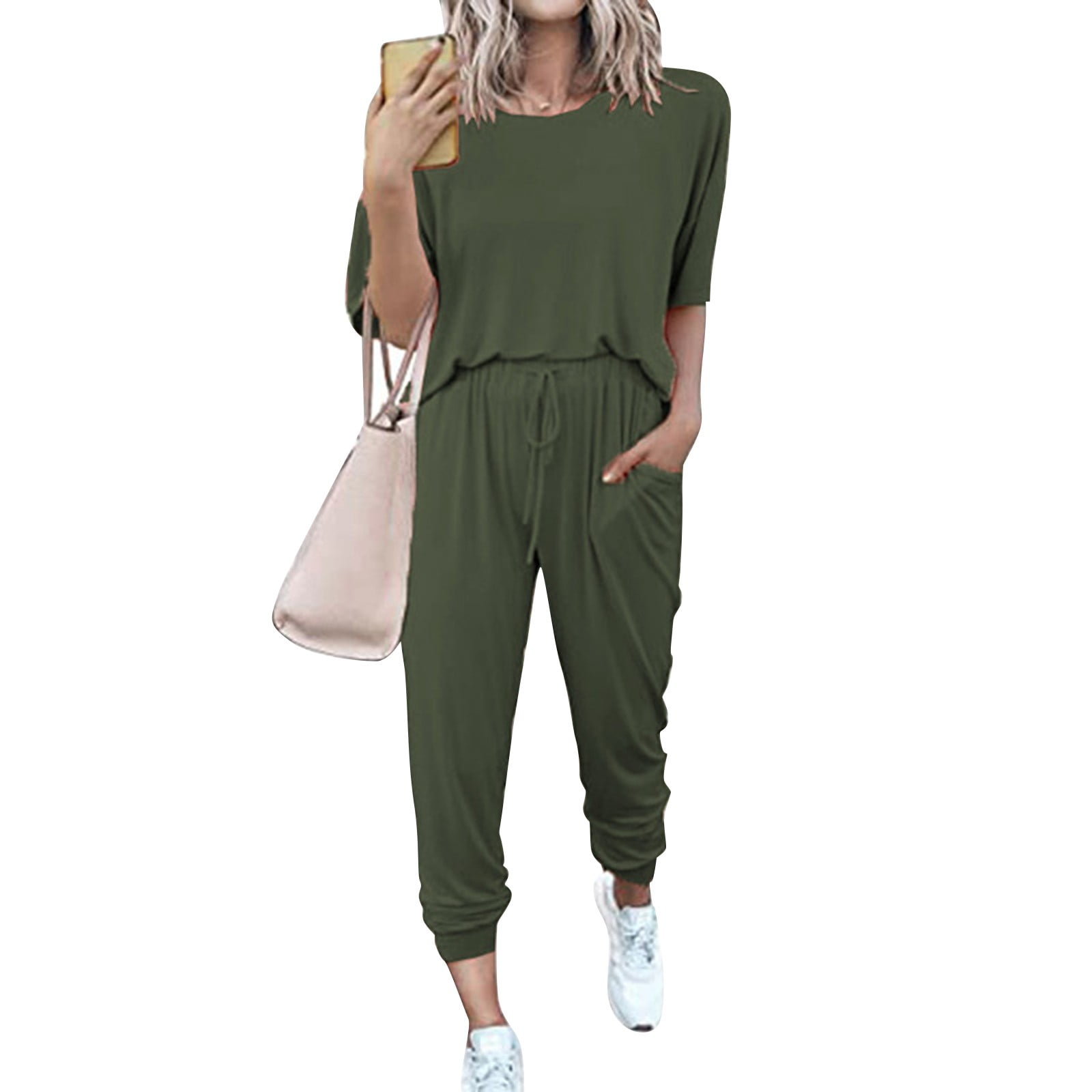 Two Piece Sets,Lounge Sets,Women's Two Outfit Short Sleeve Pullover With Drawstring Long Pants Tracksuit Jogger Set,Matching Sets,Womens Sweatshirt,Tracksuit for Women,Fall Outfits,Army Green L