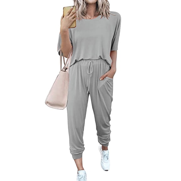 Pavied Two Piece Sets,Lounge Sets,Women's Two Outfit Short Sleeve Pullover With Drawstring Long Pants Tracksuit Jogger Set,Matching Sets,Womens Sweatshirt,Tracksuit for Women,Fall Outfits,Grey S