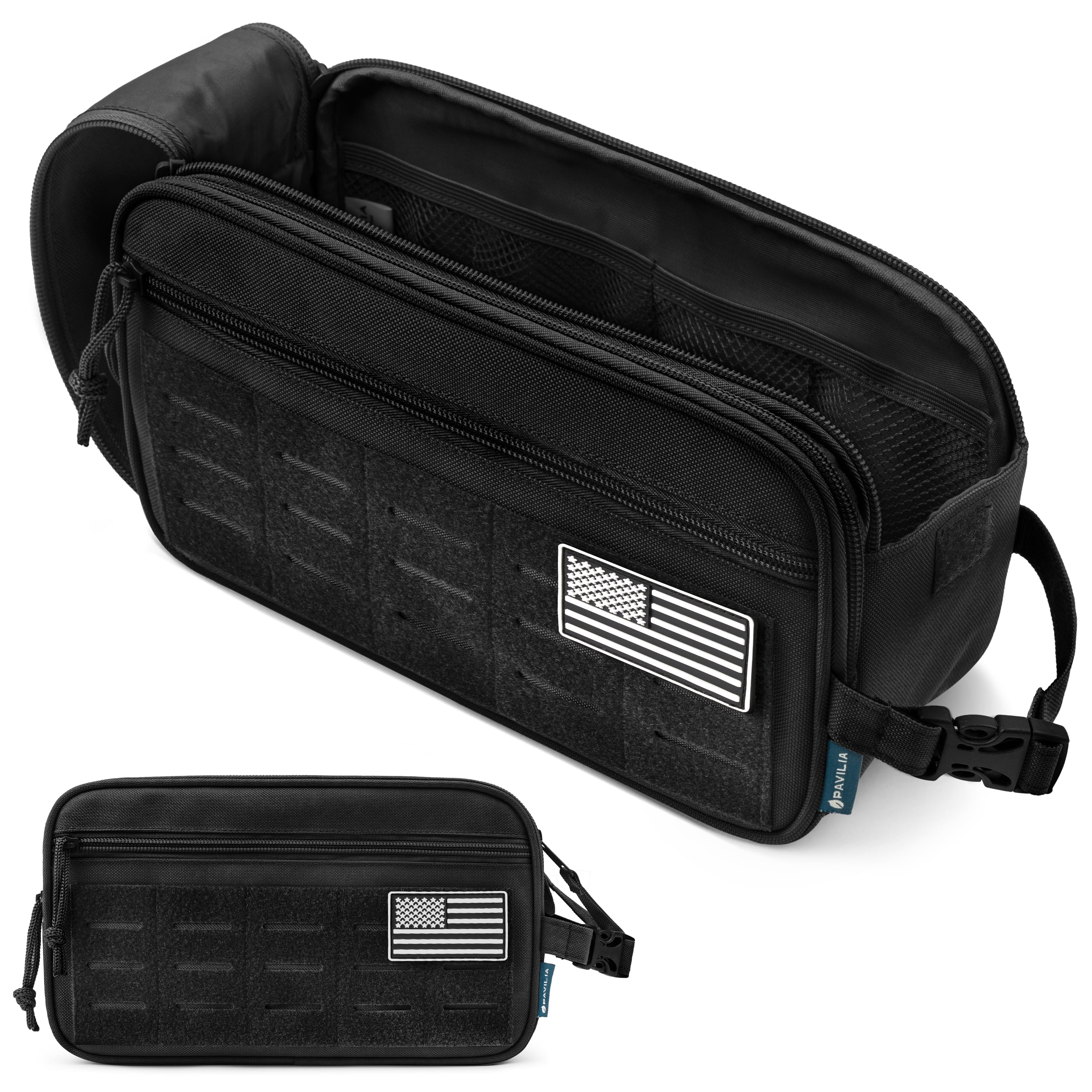 Pavilia Extra Large Tactical Toiletry Bag for Men, Hygiene Travel Bag, Military Dopp Kit, Water Resistant Molle Pouch, Mens Shaving Grooming Essentials, Bathroom Shower Small Organizer Case, Black