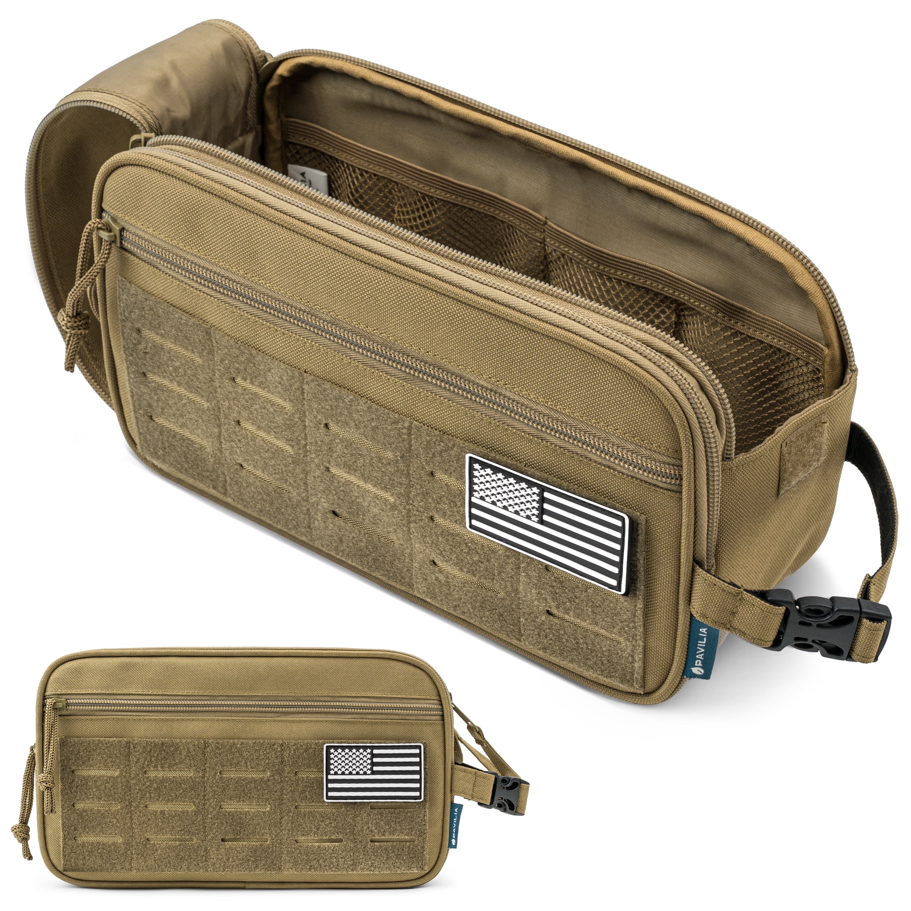 Pavilia Extra Large Tactical Toiletry Bag for Men, Hygiene Travel Bag, Military Dopp Kit, Water Resistant Molle Pouch, Mens Shaving Grooming Essentials,wer Small Organizer Case, Tan Brown