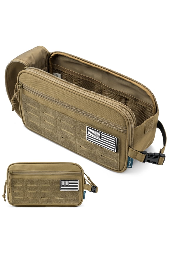 Extra Large Tactical Toiletry Bag for Men, Hygiene Travel Bag, Military Dopp Kit, Water Resistant Molle Pouch, Mens Shaving Grooming Essentials,wer Small Organizer Case, Tan Brown