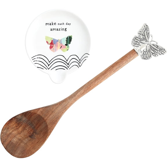 Pavilion 211667 Spoon Rest & Wooden Spoon Boxed Set - Make Each Day Amazing - 4 in. Rest