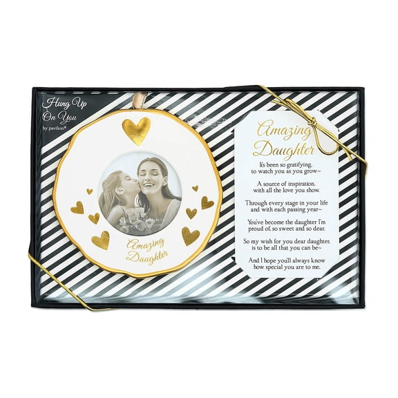 Pavilion - 4" Gold White Ornament Round 2.36" Photo Holder with Keepsake Card - Amazing Daughter - Gift Ready Packaged Set