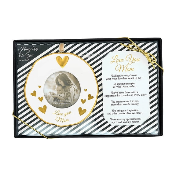 Pavilion - 4" Gold White Ornament Round 2.36" Photo Holder with Keepsake Card - Love You Mom - Gift Ready Packaged Set