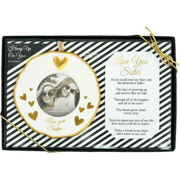 Pavilion - 4" Gold White Ornament Round 2.36" Photo Holder with Keepsake Card - Love You Sister - Gift Ready Packaged Set