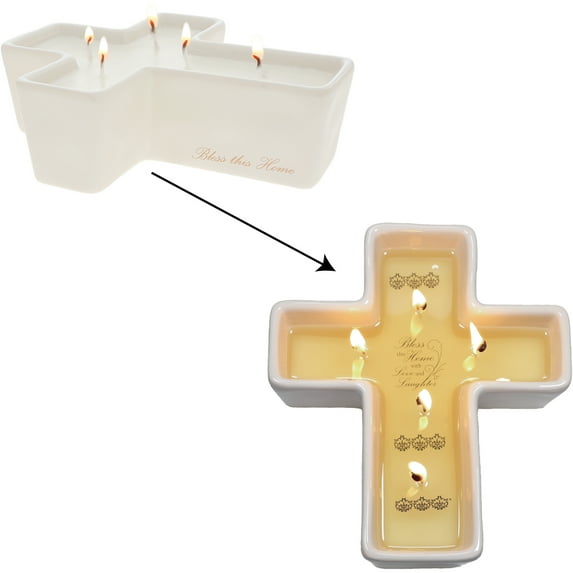 Pavilion - Bless This Home with Love and Laughter - 12 oz 100% Soy Wax Candle 5 Wick Candle - Cross Suprise Message Wax Reveal - Jasmine Tranquility Religious Home Decor Present