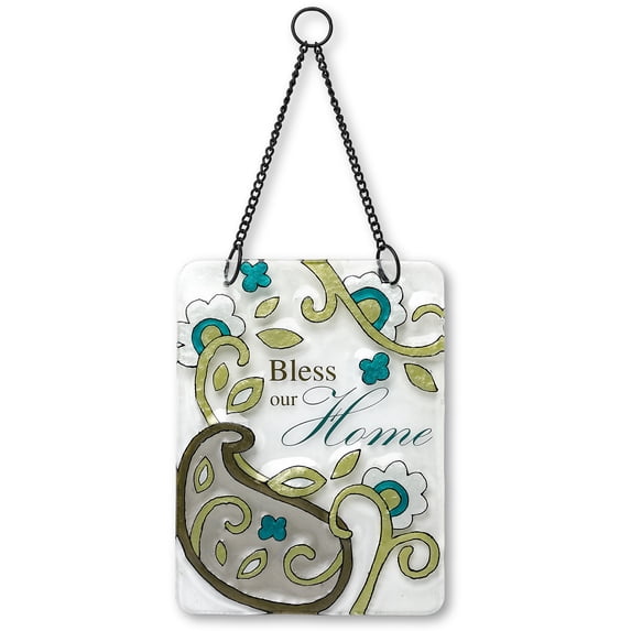 Pavilion- "Bless our Home" Floral Glass Hanging Front Door Plaque Wall Decor 6x8