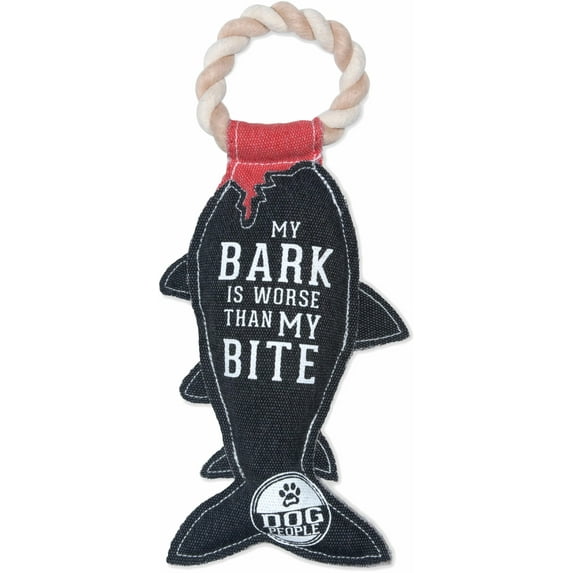 Pavilion Gift Company 13 Inch Large Canvas Tug of War Shark Shaped Dog Rope Toy-Sturdy & Durable My Bark is Worse Than My Bite, Gray