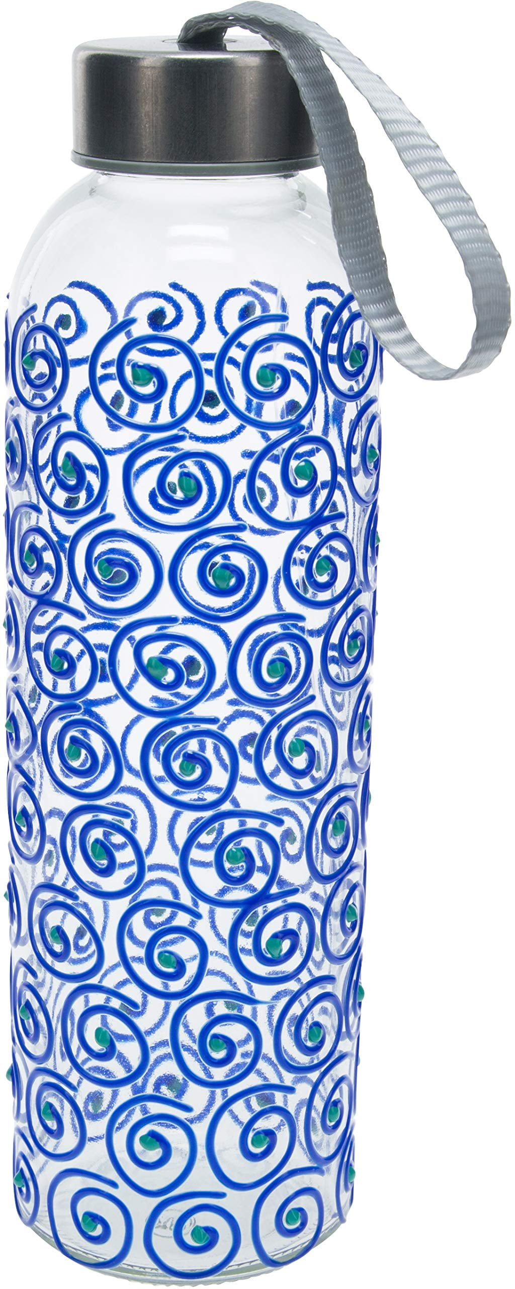 Pavilion Gift Company 16.5 Oz Hand Decorated Glass Water Bottle with Sealed Metal Twist Off Lid Blue Swirls