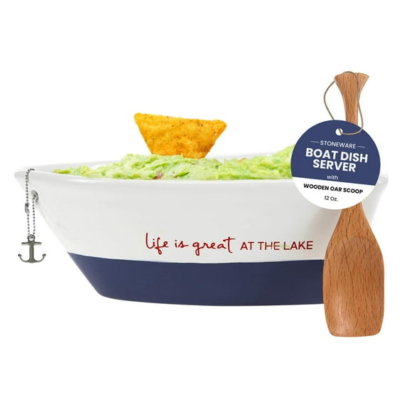 Pavilion Gift Company 67541 12 Oz Stoneware Boat Dish Server With Wooden Oar Scoop Life Is At The Lake, Blue
