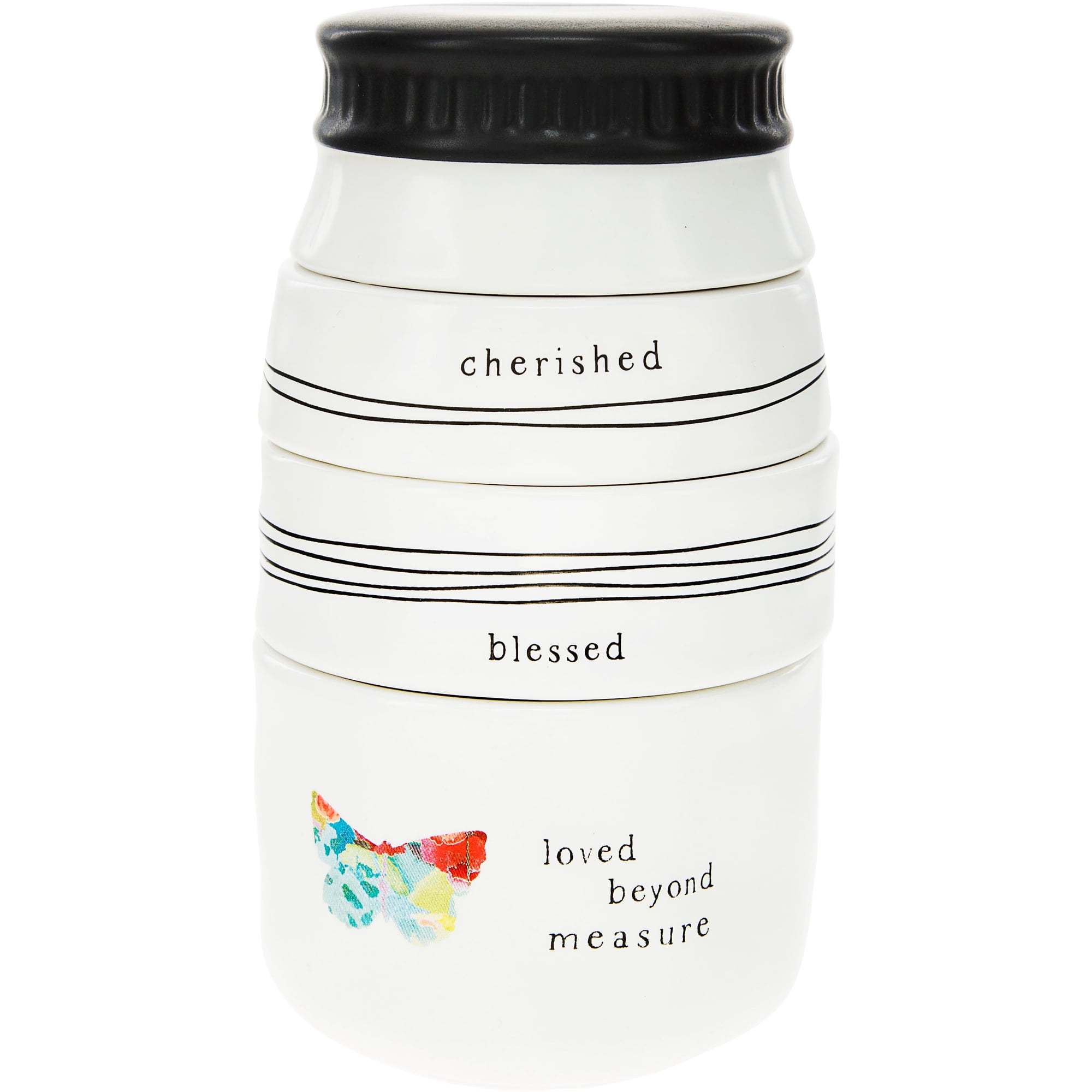 Pavilion Gift Company 87525 Cherished Blessed Loved Beyond 4 Piece Stoneware Stackable Measuring Cup Set, 6", White
