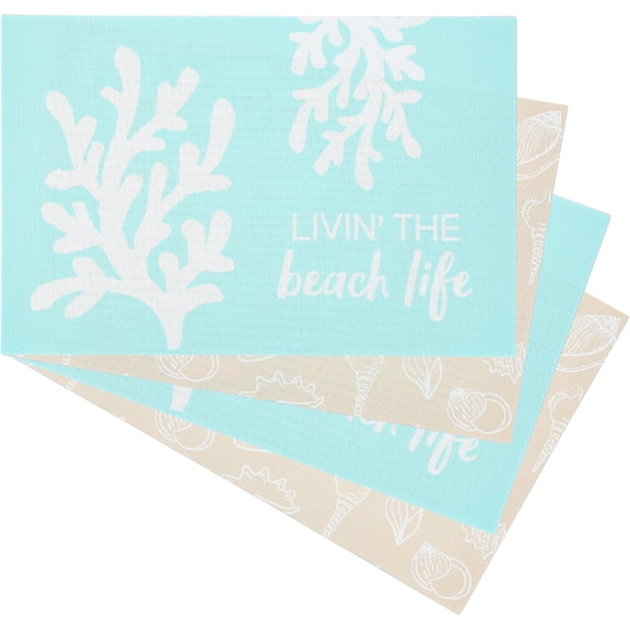 Pavilion Gift Company Beach Life Coral Patterned Placemats, Set of 4, Blue