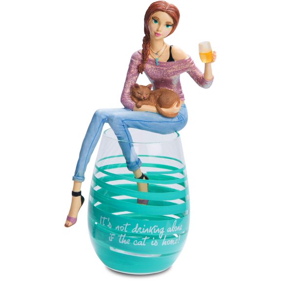 Pavilion Gift Company Hiccup - It's Not Drinking Alone if the Cat is Home! Teal Swirl Wine Glass with Figurine, Blue