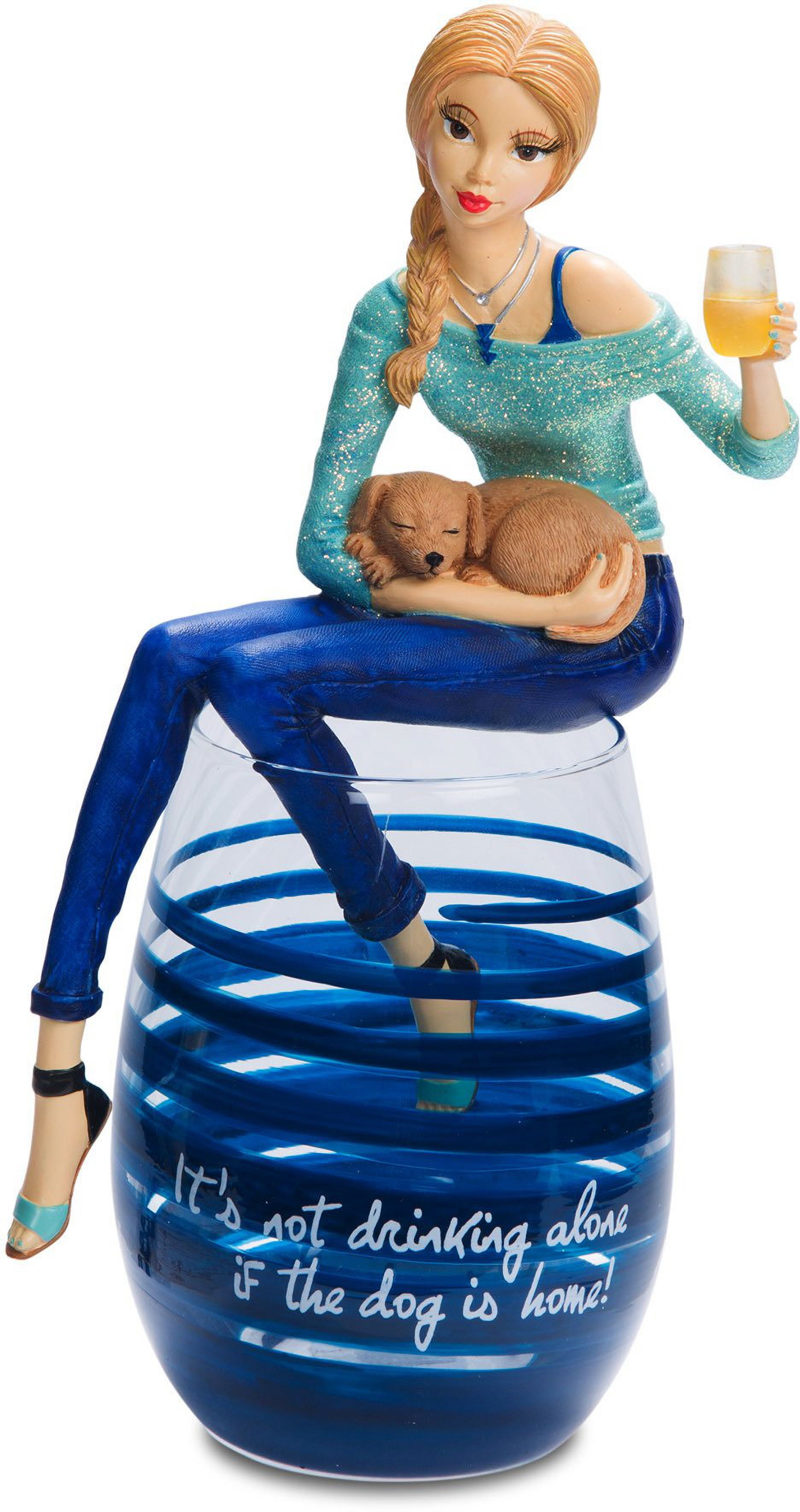 Pavilion Gift Company Hiccup - It's Not Drinking Alone if the Dog is Home! Navy Blue Swirl Wine Glass with Figurine, Blue