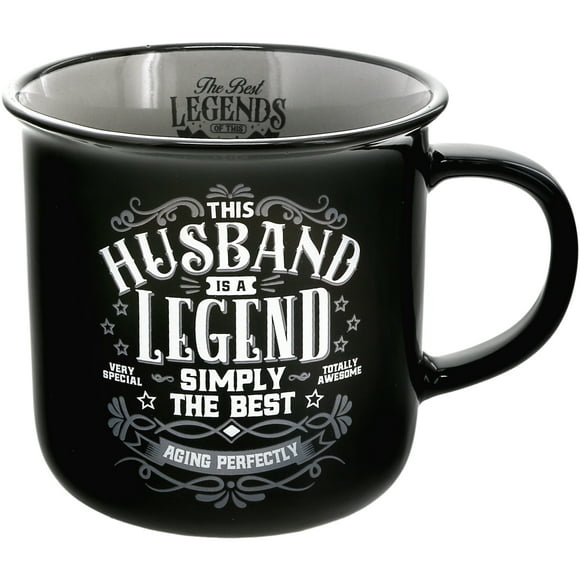 Pavilion Gift Company - Husband The Legend - Ceramic 13-ounce Campfire Mug, Double Sided Coffee Cup, Coffee Mugs for Guys, 1 Count (Pack of 1), 3.75 x 5 x 3.5, Black/Gray