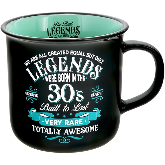 Pavilion Gift Company - Legends Were Born In The 30s - Ceramic 13-ounce Campfire Mug, Double Sided Coffee Cup, Funny Birthday Gift For Women or Men, 1 Count (Pack of 1), 3.75 x 5 x 3.5, Black/Teal
