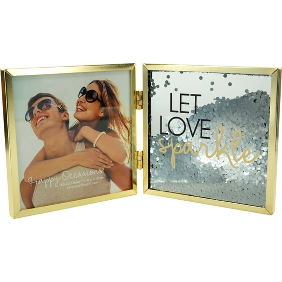 Pavilion Gift Company Let Love Sparkle - 9.75 Inch Double-Sided Hinged Glitter Picture Frame for 4.5 Inch Square Photo, Gold