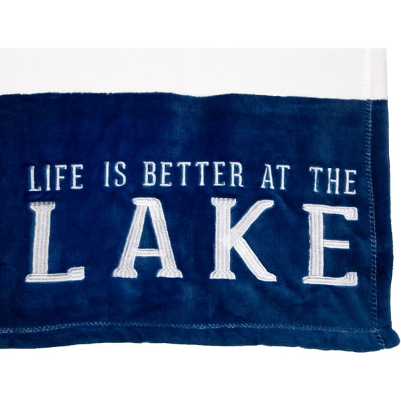 Pavilion Gift Company Life is Better at The Lake-Blue & White Super Soft 50 x 60 Inch Striped Throw Embroidered Text 50" x 60" Royal Plush Blanket, Blue