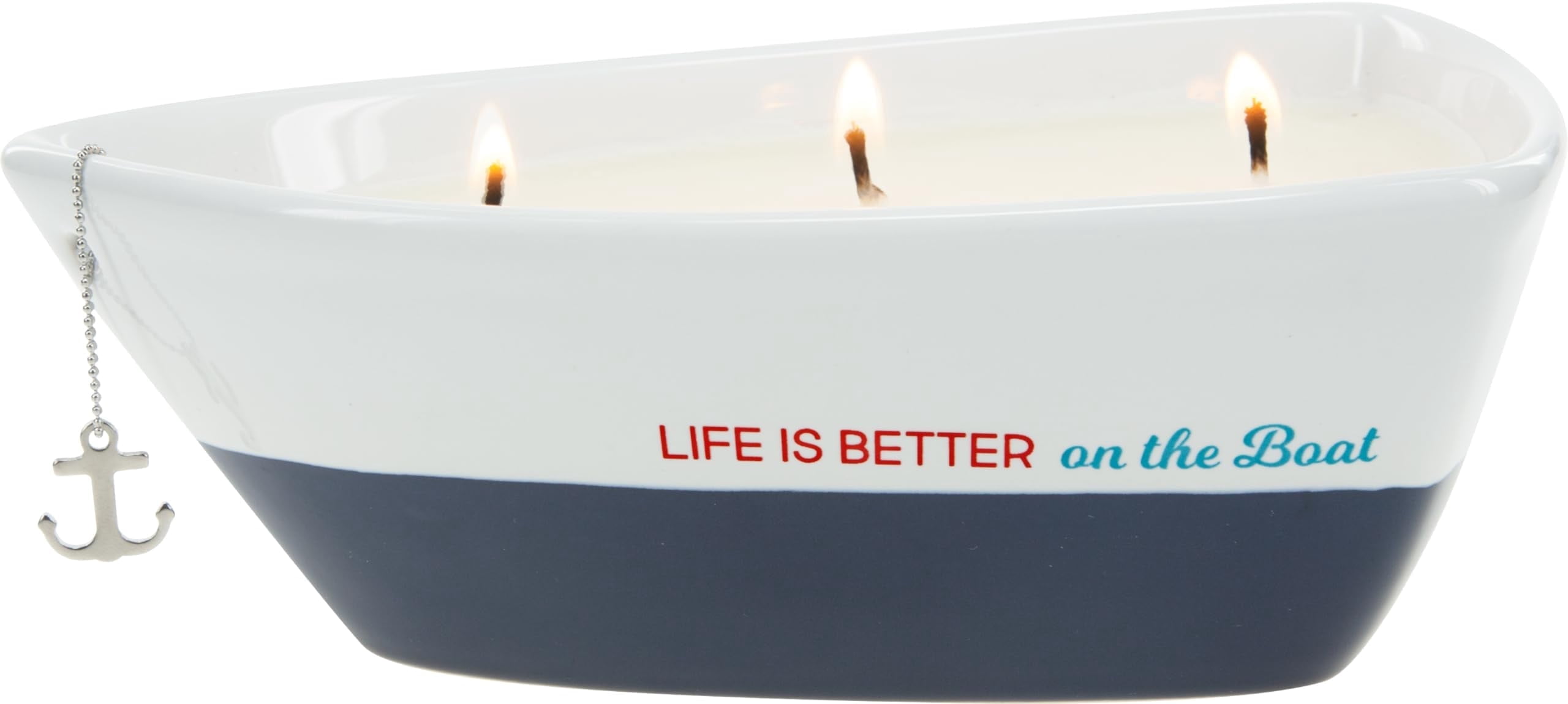 Pavilion Gift Company Triple Wick Candle in Ceramic Boat Dish, 10 Oz, 4"W x 2.75"H, Blue