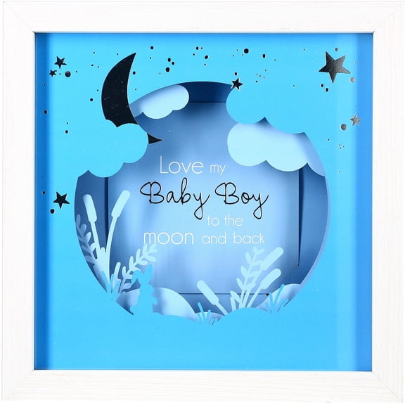 Pavilion Gift Company Love My Baby Boy to The Moon and Back 7.75 Inch Shadow Box with 4x4 Inch Replaceable Picture Frame, Blue