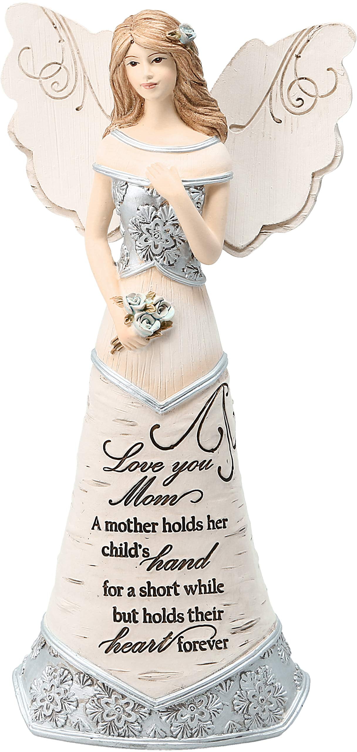 Pavilion Gift Company Love You Mom-A Mother Child's Hand for A Short Heart Forever 7.5" Angel Holding Flowers, 7.5 Inch, Beige