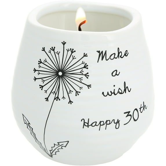 Pavilion Gift Company Make A Wish Happy 30th Birthday - 8 oz Soy Wax Candle with Lead Free Wick in A White Ceramic Vessel 8 oz-100 Scent: Serenity, 3.5 Inch Tall