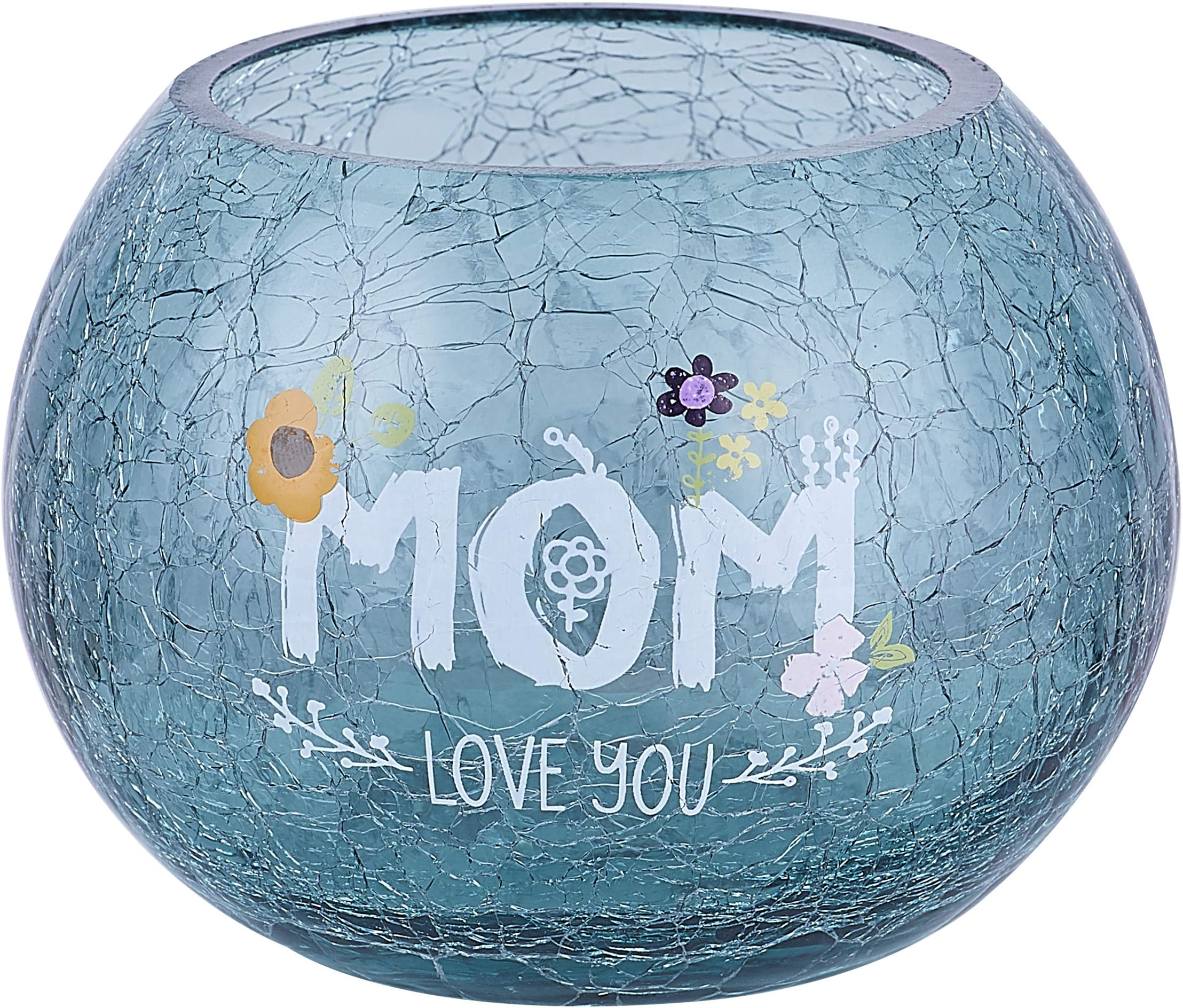 Gray Crackled Glass Floral Tealight Holder with Mom Text