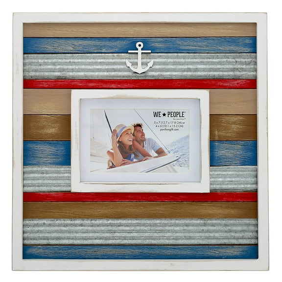 Pavilion Gift Company - Nautical Themed Distressed Wall Picture Frame, Holds 4x6 or 5x7 Photo, Anchor Icon Attachment, Textured Whitewashed Wood, Veneer and Galvanized Finish, 1 Count, 14 x 14 inches
