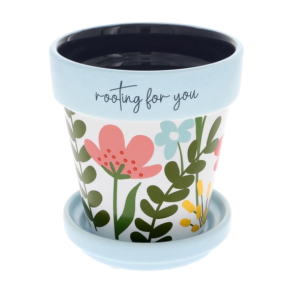 Pavilion Gift Company- Rooting for You - 4"x4"x2.5" Plant Pot with Tray Potter with Drainage Hole Plant Lover Flower Succulent Pot Indoor Outdoor Use Encouraging Uplifting Friend