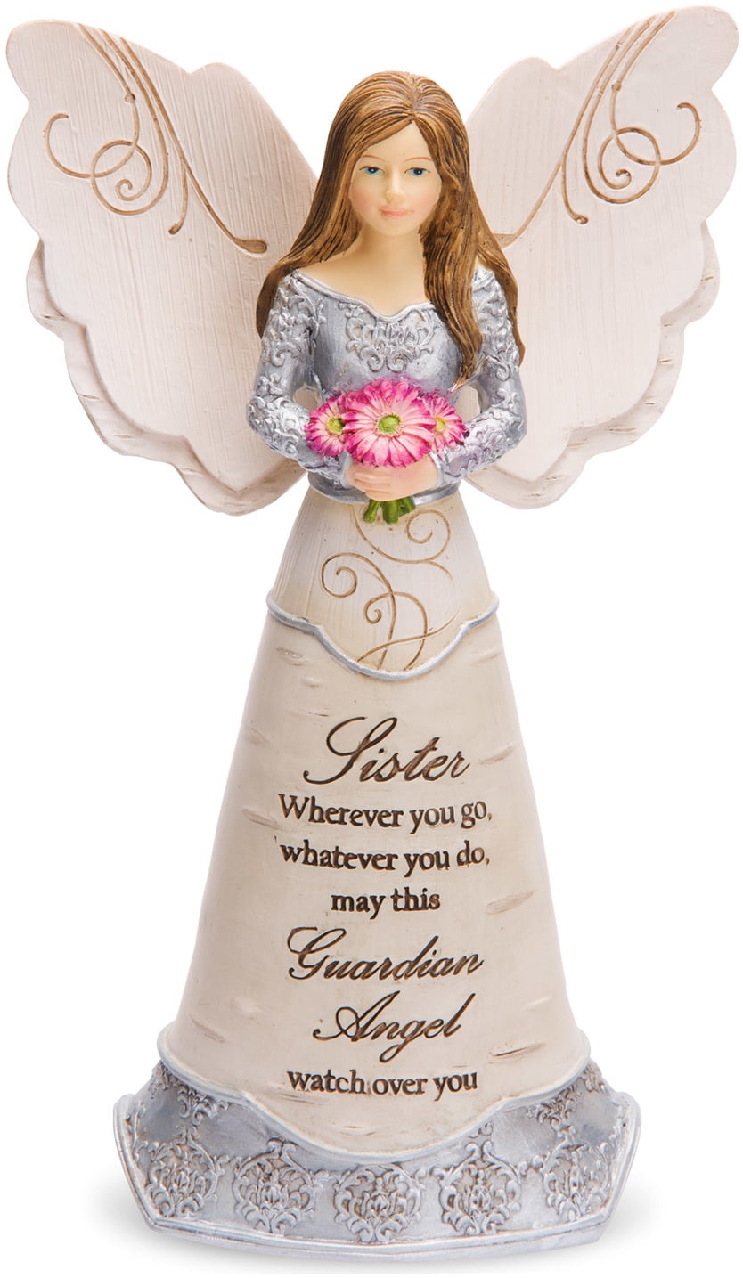 Sister Guardian Angel Figurine with Pink Flowers, 6 Inch Resin